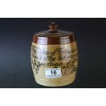 Late 19th Century Doulton Lambeth stoneware salt glazed tobacco jar with the motto `The value of
