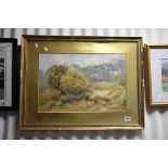 F Evans, Landscape Watercolour, Figure walking across Hampstead Heath, 36cms x 53cms, framed (not