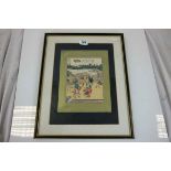 Signed Antique Japanese Woodblock Scene with Pole Juggler and Audience