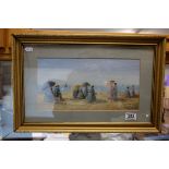 Gilt Framed Oil Painting Victorian Beach Figures with Parasols