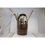 Oriental Style Wooden Bucket containing Copper Horns, Brass Horns, Brass Fire Irons, Faux Bamboo