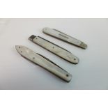 Three Mother of Pearl Fruit Knives, two with Silver Blades