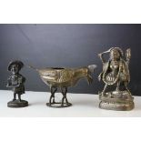 Brass Hindu Deity, Persian Style Brass Bird Bowl and a Bronze Scottish Figure ' Douglas '