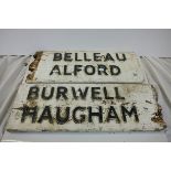 Two Mid 20th century Road Sign Arms (metal lettering good, wooden boards distressed)