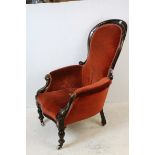 Mid Victorian Mahogany part show frame Spoon Back Armchair with pink / orange velour upholstery,