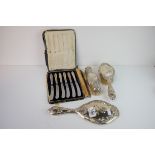 Three piece Silver Backed Dressing Table Set, B'ham 1900 together with a Set of Six Silver Handled