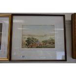 A framed and glazed watercolour of a 19th century estuary scene with figures and ships. 25 x 32 cm.