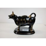 Jackfield Black Cow Creamer, Norwegian Black Jasperware Bowl, signed ???holm Norway 2/3 plus a