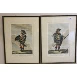 A pair of framed antique continental coloured engravings of 18th century Cavalier in costume.