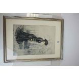 Manuel Robbe (1872 - 1936), Etching of a 19th century Lady, writing in pencil to the margin, 46cms x