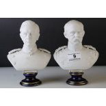 Two KPM Parian Ware Bust, both on blue glazed porcelain plinths, 19cms high