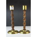 Pair of Arts and Crafts Style Brass and Wooden Barley-twist Candlesticks, maker NESTOR