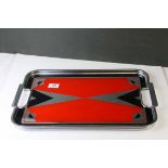 Art Deco Chrome Serving Tray, the glass mirrored panel with a red and black geometric design,