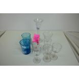 Three Mary Gregory style glasses including a near pair in blue and six other assorted glasses