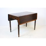 Mahogany and Satinwood Pembroke Table with drawer to end, raised on turned tapering legs, 87cms long