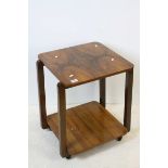 Art Deco Walnut Square Two Tier Table on castors, 52cms wide x 65cms high