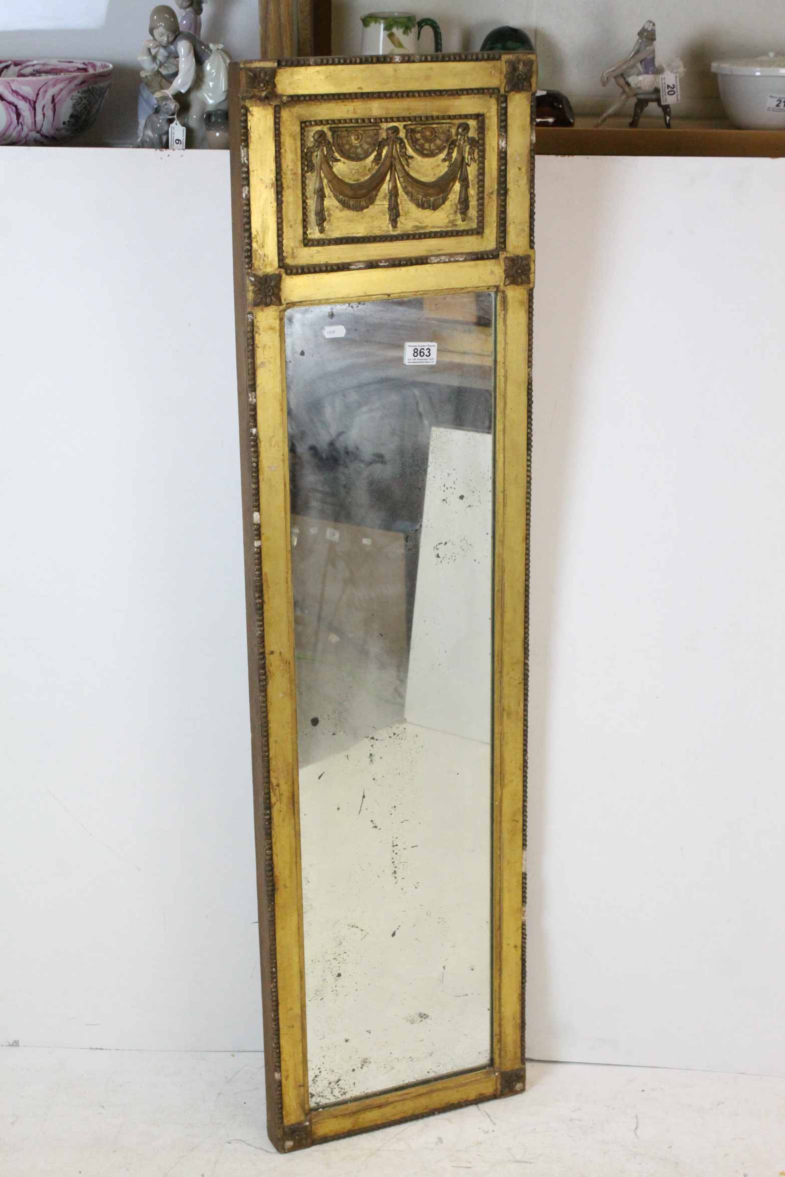 19th century Gilt Framed Rectangular Tall Mirror, the top with panel with moulded swags