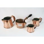 Three Ornate Graduating Jugs plus a Copper Milk Pan