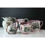 19th century Sunderland Pink Lustre Twin Handled Mug together with Three Sunderland Pink Lustre Jugs