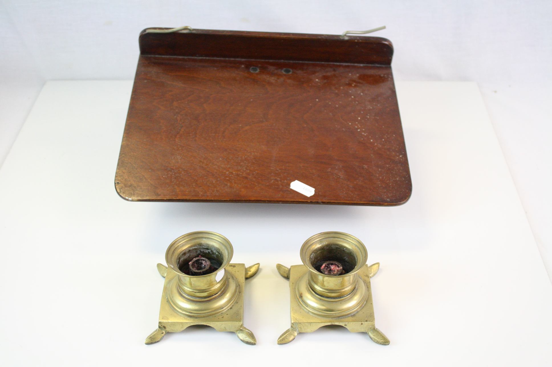 A vintage folding book rest a novelty box in the form of a book and a pair of brass candle sticks. - Image 2 of 7
