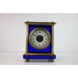 Antique Blue Glass and Brass Carriage Clock with White Enamel Face