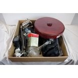 Mixed Lot including Lazy Susan with Ceramic Dishes, Glass Decanter, plus Mixed Camera Equipment