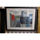 Peter Davies, a Framed and Glazed Linocut entitled The Red Life Belt, St Ives