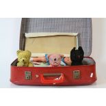 Retro Suitcase containing various Toys including Two Teddy Bears, Soft Toy Cat and a quantity of Mid