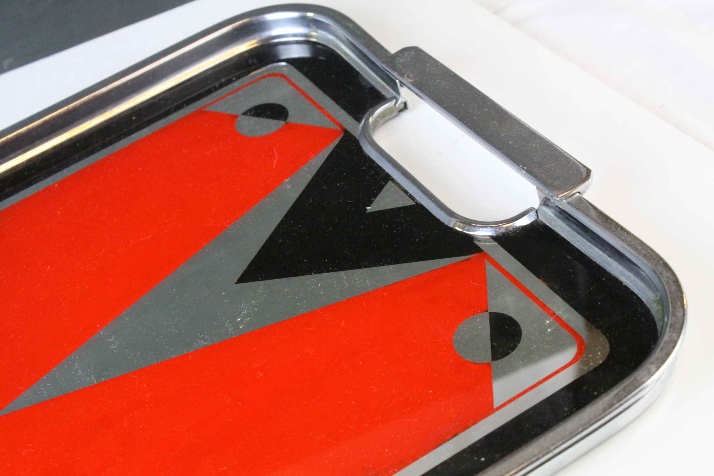 Art Deco Chrome Serving Tray, the glass mirrored panel with a red and black geometric design, - Image 2 of 5