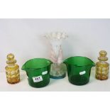 A Pair of antique green glass rinsers, a pair of cut glass scent bottles and an unusual vaseline