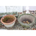 Reconstituted Stone Garden Circular Planter, 61cms diameter x 31cms high together with Terracotta