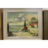 Oil Painting on Canvas of a Mediterranean Coastal Scene signed Alvarado, 39cms x 49cms, framed