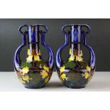 Pair of Art Nouveau Austrian Ceramic Twin Handled Vases, with a Mottled Green, Yellow and Brown