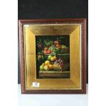 Oil on Panel, a framed Still Life of Fruit and Fauna on a Ledge