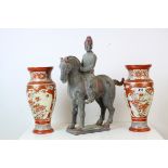 A pair of Arita pattern Baluster shaped vases 30 cm in height, plus a Tang Style Horse and Rider,