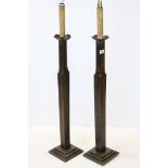 Pair of Gothic Turned Oak Tall Candlestands converted to Standard Lamps with metal sconces, 130cms