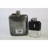 Two vintage hip flasks to include a pewter example together with a leather covered example.