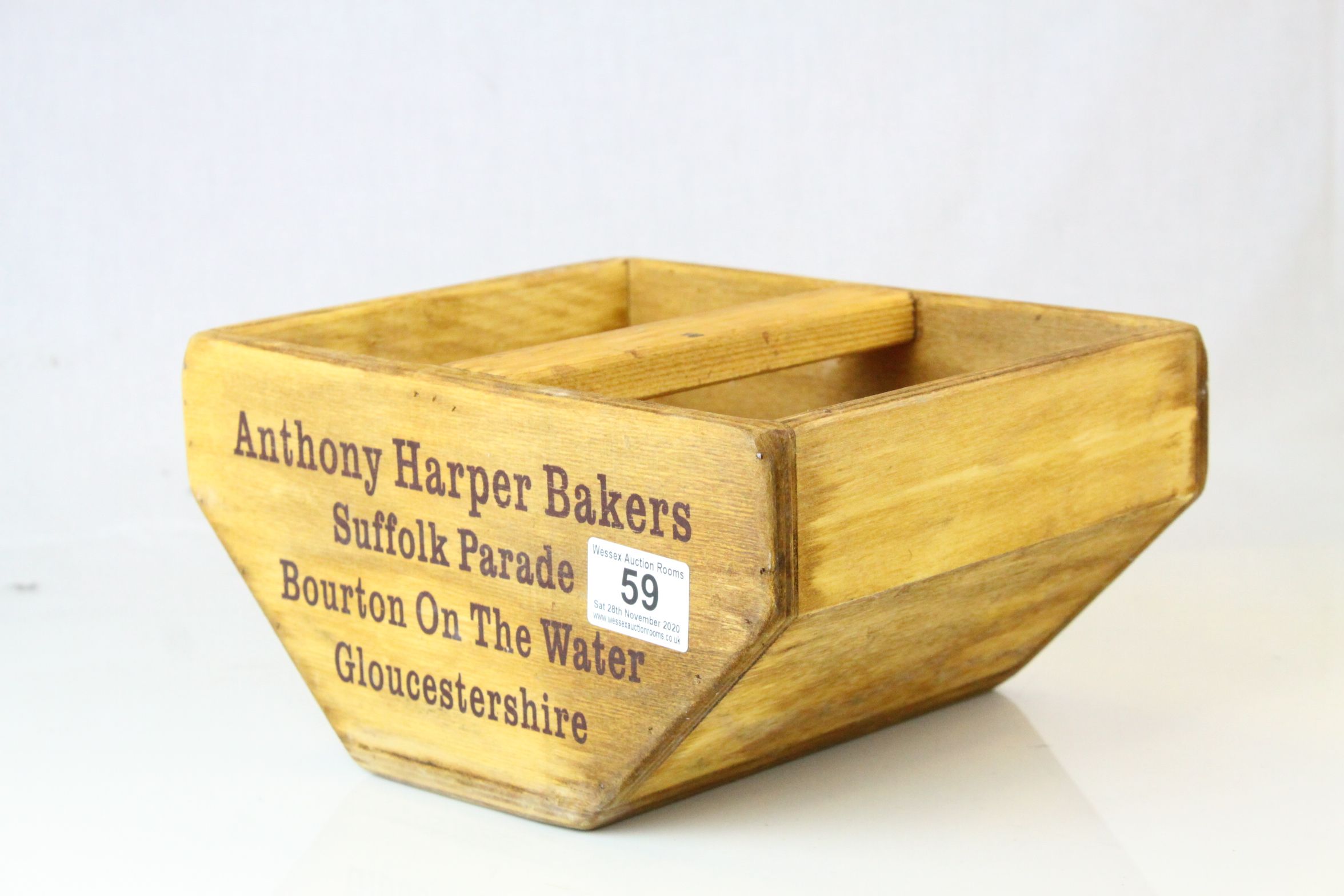 Wooden Trug marked to sides ' Anthony Harper Bakers, Bourton on the Water ', 25cms long - Image 2 of 3