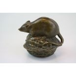 Bronze / Brass Figure of a Rat on a Walnut Pine