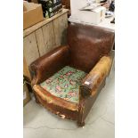 Early 20th century Brown Leather Armchair with Brass Studding, 77cms high