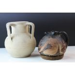 Roman Style Pottery Vase with Four Handles, 19cms high together with a Pottery Squat Jug decorated