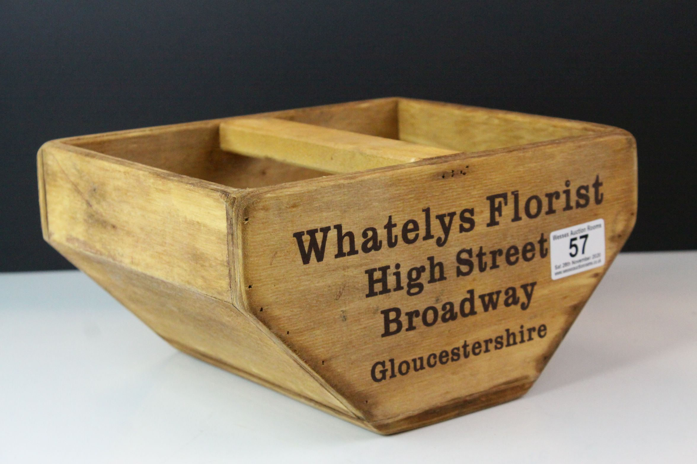 Wooden Trug marked to sides ' Whatelys Florist, Broadway', 25cms long