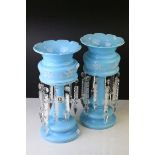 Pair of Victorian Pale Blue Glass Table Lustres with Glass Drops, 32cms high