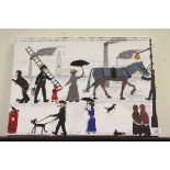 Oil Painting on Canvas depicting a Street Scene including Mary Poppins ?, 40cms x 56cms