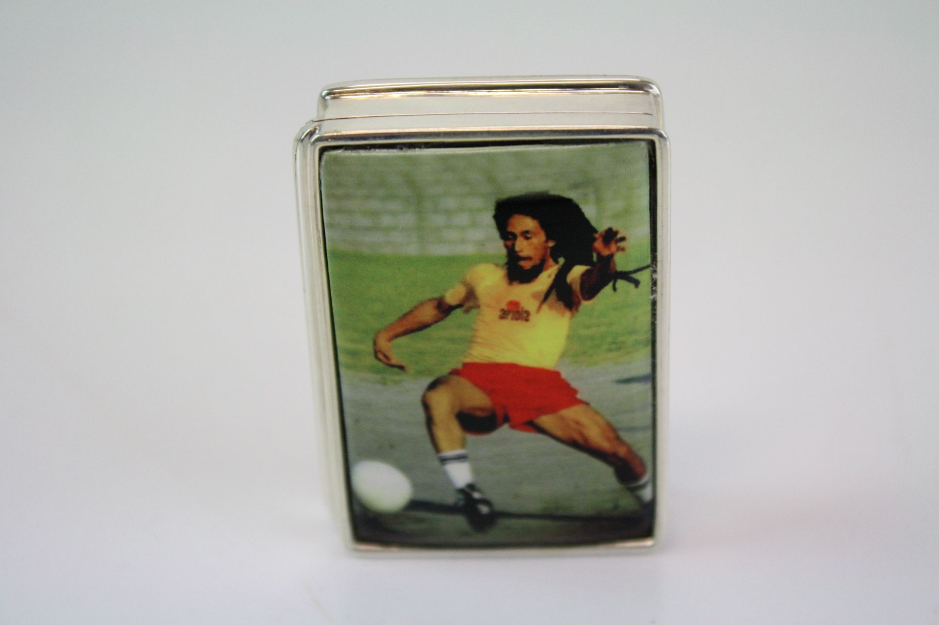 Large Silver Pill Box with Lid depicting a Footballer