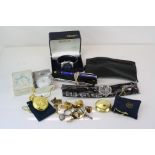 A box of mixed collectables to include watches, pens, cufflinks and a silver ring.