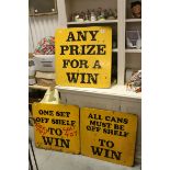 Three Mid 20th century Wooden Painted Fairground Signs including ' Any Prize for a Win', ' One set