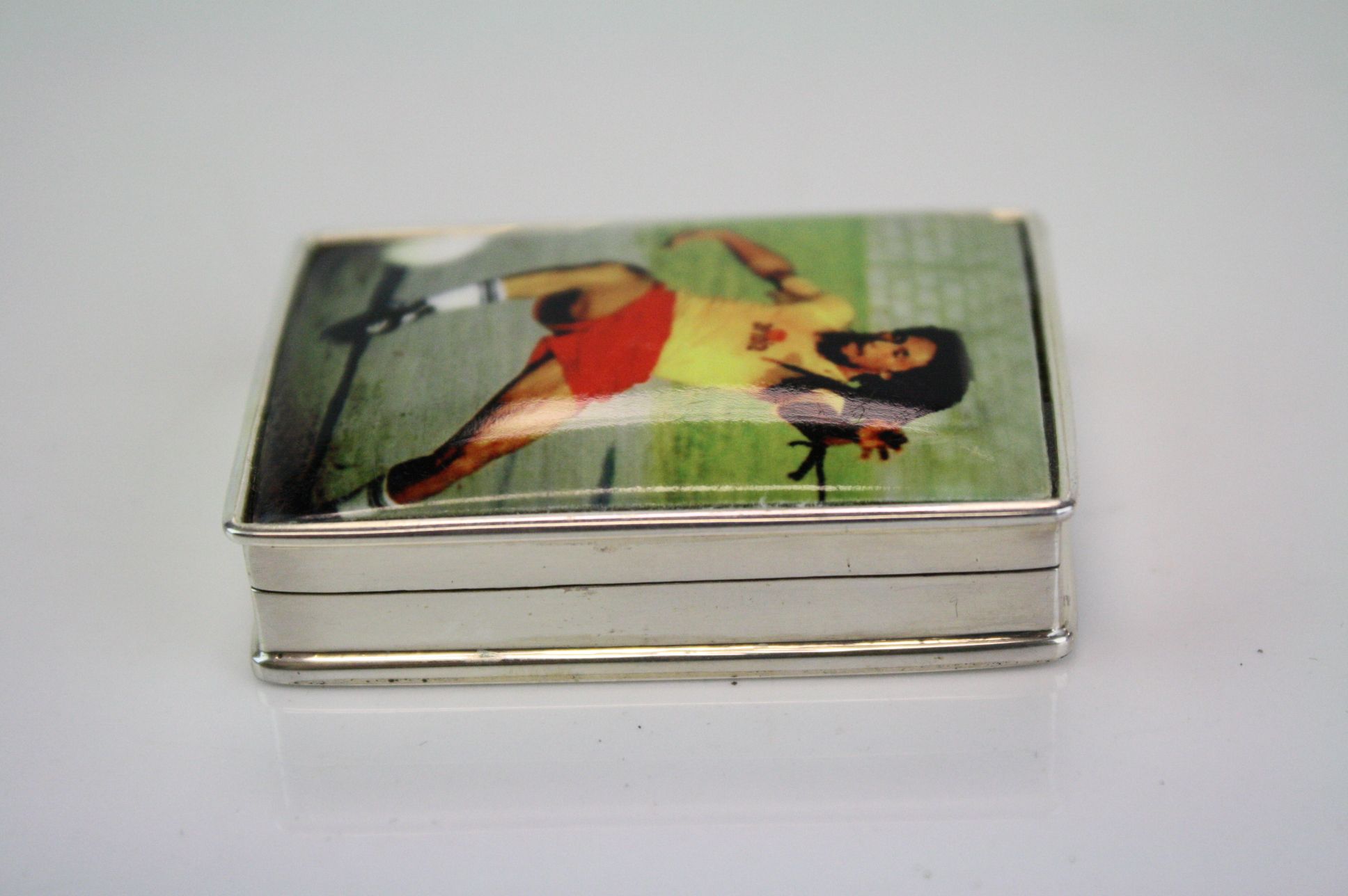 Large Silver Pill Box with Lid depicting a Footballer - Image 2 of 3