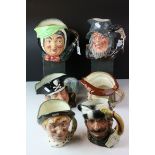 Six Royal Doulton Large Character Jugs including The Trapper, Long John Silver, Sairey Gamp,