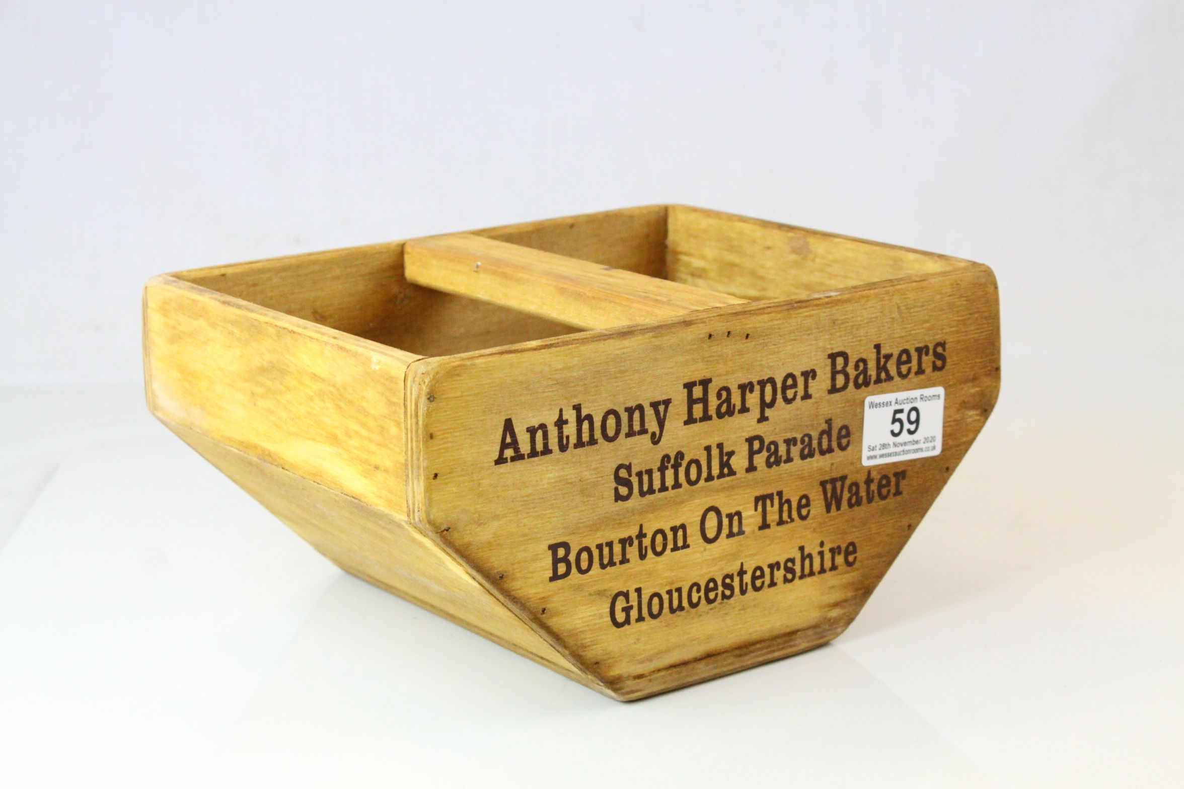 Wooden Trug marked to sides ' Anthony Harper Bakers, Bourton on the Water ', 25cms long